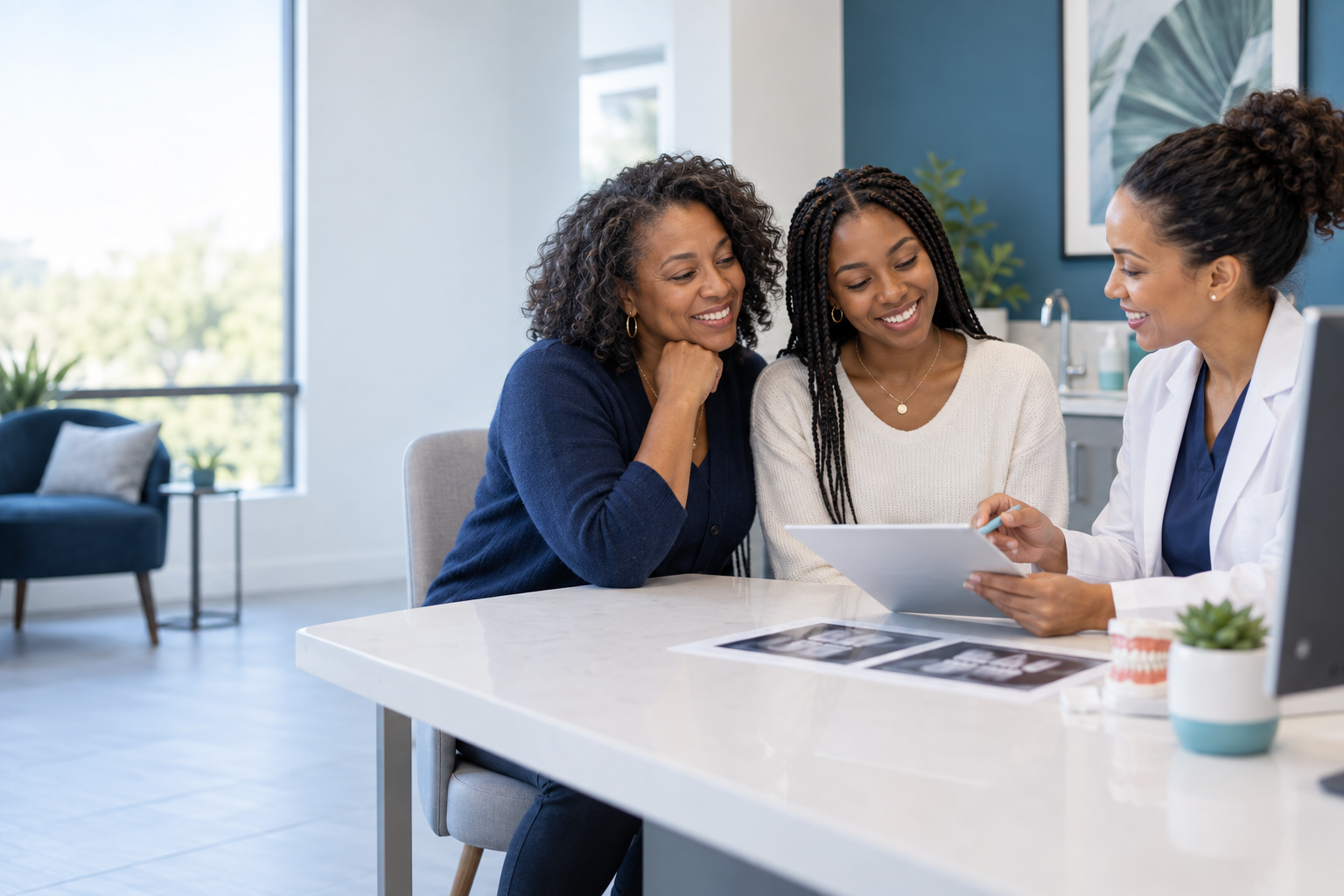 A family reviewing a dental treatment plan with a dentist